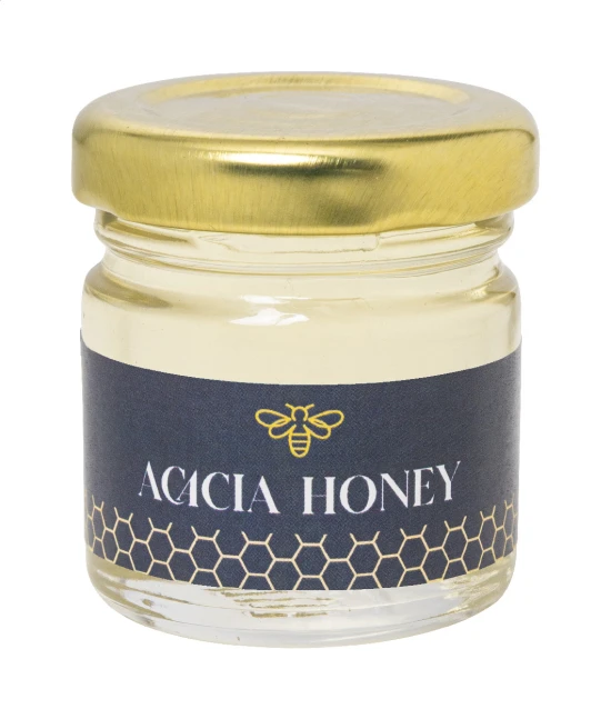 Acacia honey | Glass & metal | 50 g | 44 × 50 mm | Clean jar with metal lid | Yellow