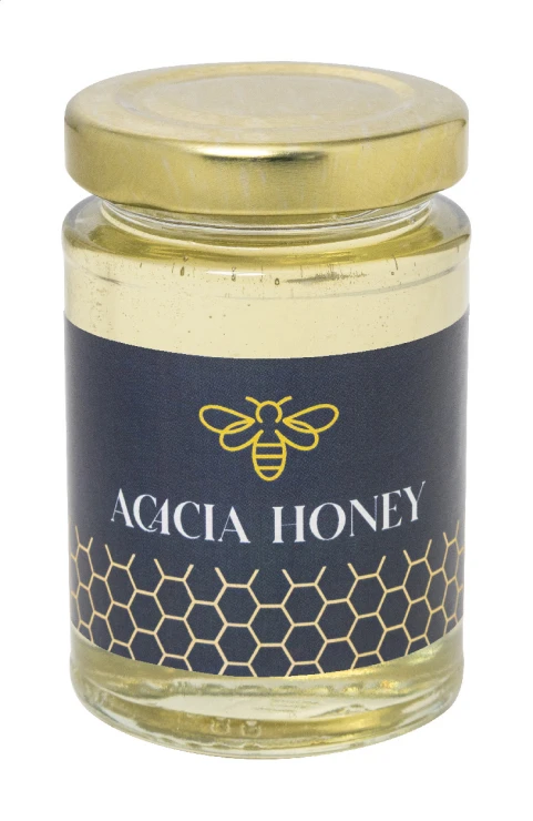 Acacia honey | Glass & metal | 135 g | 50 × 80 mm | Clean jar with metal lid | Yellow