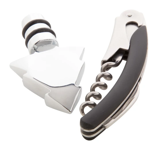 Wine set | Metal | Corkscrew & cork | Christmas tree | In black gift box | Silver;black