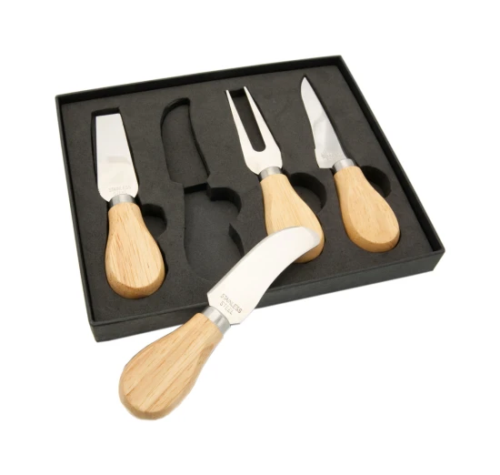 Cheese knife set | Stainless steel | 4 knives | Wooden grip | Natural