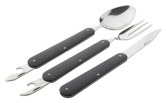 Foldable camping cutlery set | Fork, knife and spoon | Stainless steel | Black