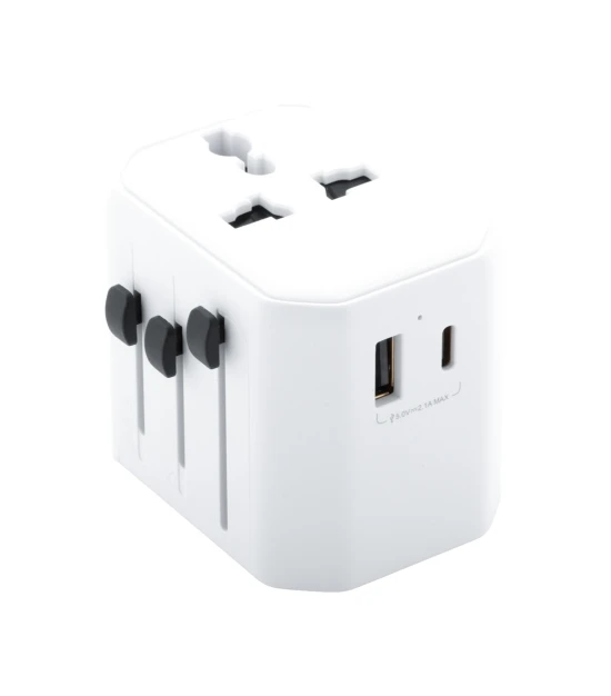 Travel adapter | ABS | 63×53×55 mm | World-wide | 1 USB & 1 USB-C | White