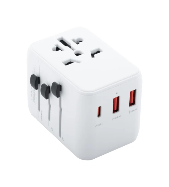 Travel adapter | ABS | 63×53×55 mm | World-wide | 2 USB & 1 USB-C fast charger | White