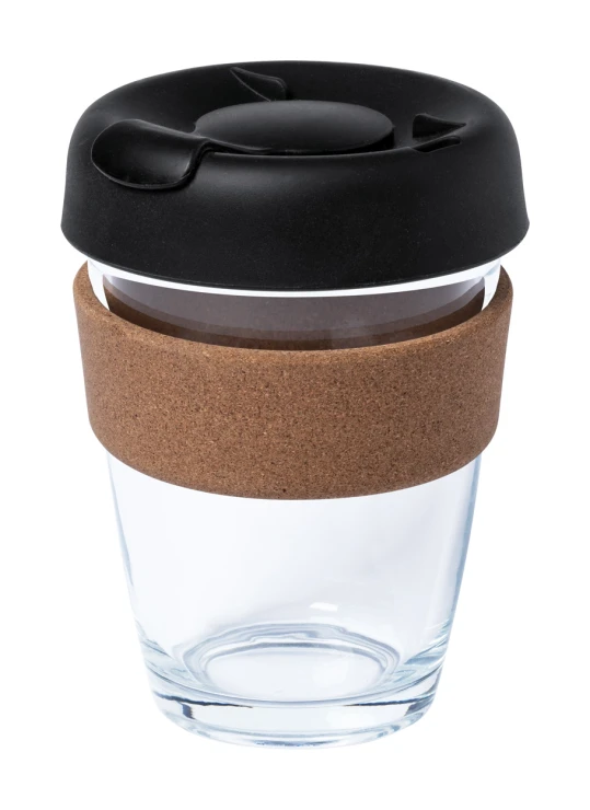 Koffiebeker to go | Glas, kurk | 350 ml | Met plastic deksel | Transparant;zwart