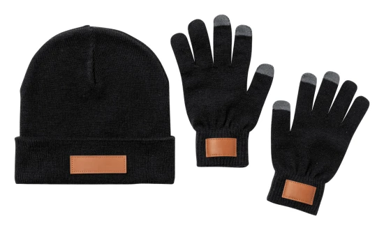 Hat and gloves set | Acrylic and PU leather | One size | Full colour | Black