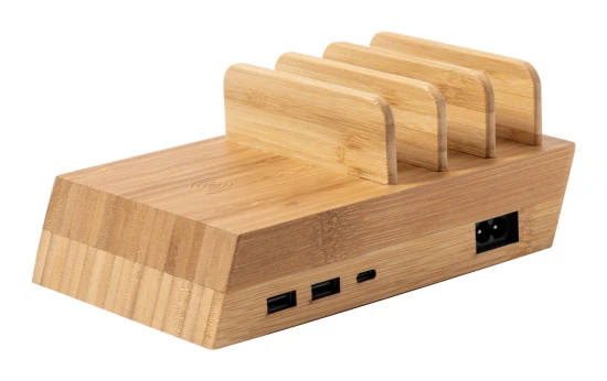 Charging station | Bamboo | Fast charger, 10W | 2 USB and 1 USB-C ports | Natural
