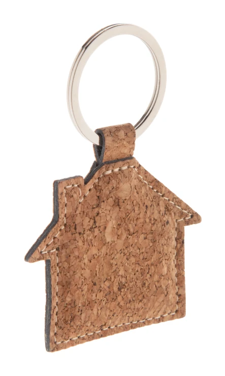 Keyring in the shape of a house | Leather and cork | With a metal ring | Natural