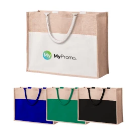 Beach bag | Laminated jute & cotton | 44.5x35x15cm | Front pocket