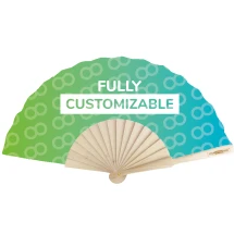 Éventail | Bois | Grand logo + extra logo sur la poignée | 23x42cm une fois ouvert