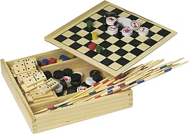 5-in-1 spellenset | Hout | 16,5 x 16,5 cm | Domino, ludo, schaken, dammen & Mikado