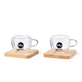 Thermos mugs set | Borosilicate glass | 90ml | With bamboo coasters