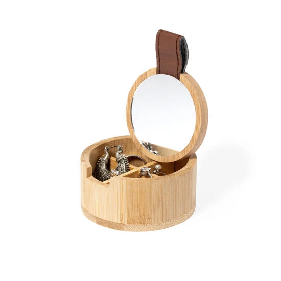 Jewellery box | Bamboo | Ø 7,9 cm | 4 compartments | Mirror | 