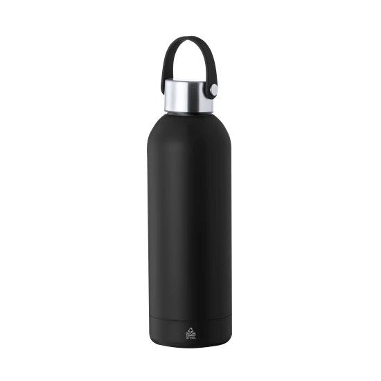 Thermos bottle | Recycled stainless steel | 500ml | integrated handle | Full-colour print | Black