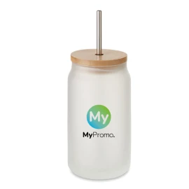 Tarro para cóctel | Vidrio y acero inoxidable | 400ml | Tapa de bambú y con pajita