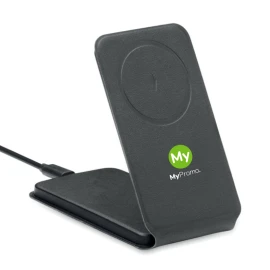 Opvouwbare draadloze oplader | Gerecycled polyester en PU | 15 W | Magnetische telefoonstandaard