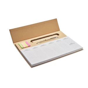 A5 weekplanner voor op bureau | Kraftpapieren omslag | Drukknop pen met blauwe inkt | Houten liniaal | Memoblok met plaknotities