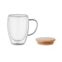 Taza de doble pared con mango | Vidrio | 300 ml | Tapa de bambú