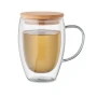 Taza de doble pared con mango | Vidrio | 300 ml | Tapa de bambú