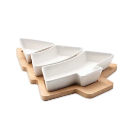 Serving platter | Bamboo | Tree-shaped | 3 ceramic serving dishes