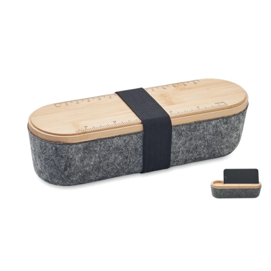 Pencil case with bamboo lid | PET felt | 18x5x4,8cm | Integrated phone holder | wood