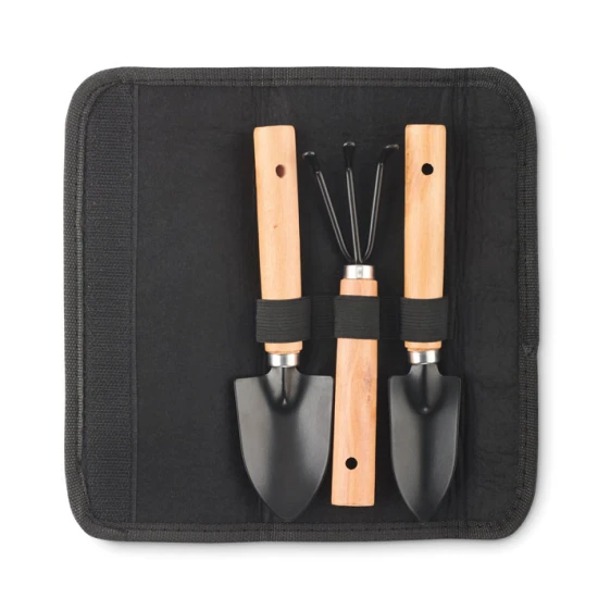 Set van 3 tuingereedschappen | rPET vilten etui | 9x22cm | Tuinhark en 2 schoppen | zwart