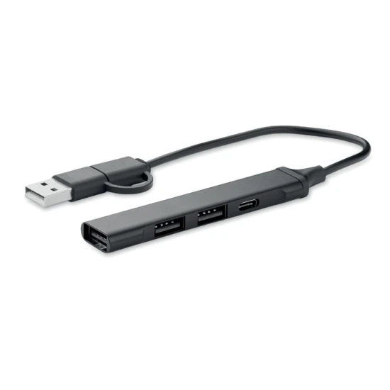 USB-hub | Gerecycled aluminium | 4 poorten | 19 cm | Black