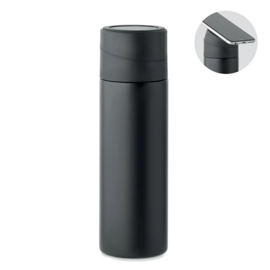 Thermos bottle | Recycled stainless steel & silicone | 420ml | With phone holder ring lid | Black