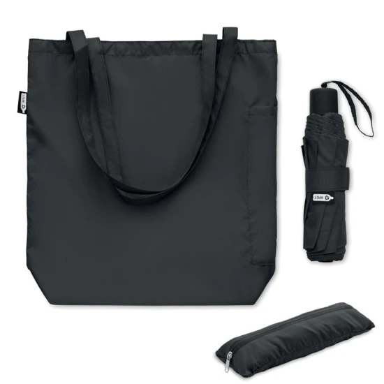 Set sac tote avec parapluie | rPET 190T | Ø100x56 cm | Compartiment zippé caché | noir