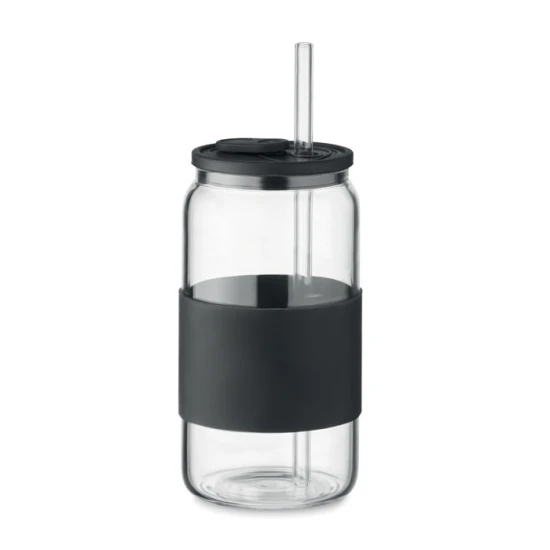 Drinkbeker | Hoog borosilicaatglas | 550 ml | Met rietje & siliconen grip | zwart