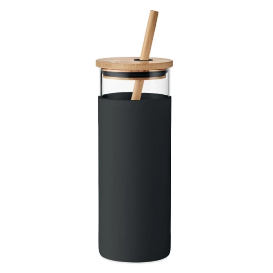 Tumbler | Glass & bamboo | 450ml | With straw | black