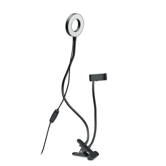Selfie ring light | ABS | 7,5x11x56cm | 3 brightness levels | Phone holder and clip | black