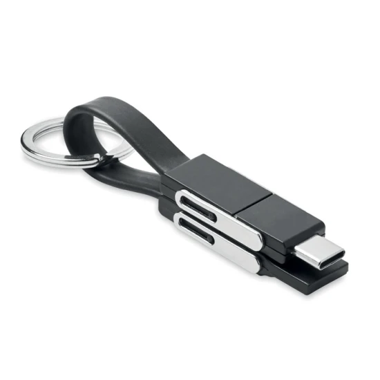 Sleutelhanger | Kunststof en metaal | Met 4-in-1-oplaadkabel | Type-C, Type-A en Micro USB | zwart