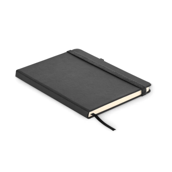 A5 notebook | Recycled paper & latex PU | 192 lined pages | Closure strap with pen holder | black