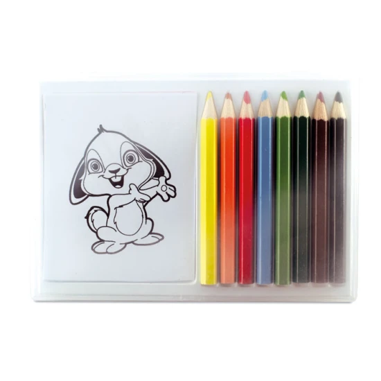 Colouring set | 10 x 14,5 x 1 cm | Plastic | 8 wooden pencils & 20 paper drawings | multicolour