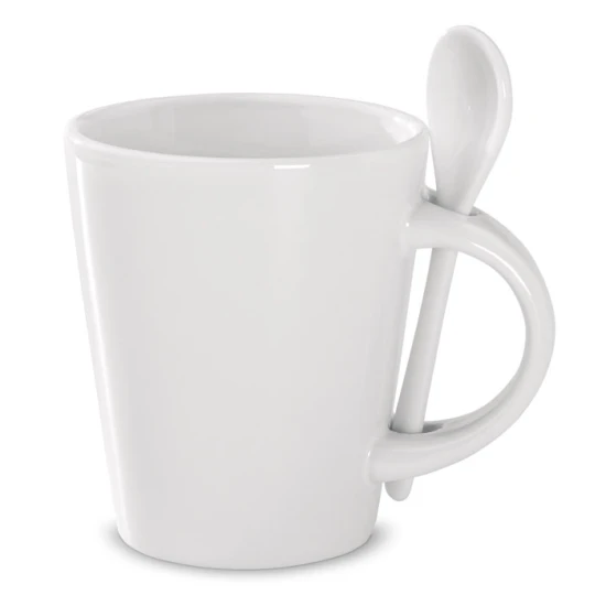 Mug | Grès | 300 ml | Avec cuillère | Emballage individuel | blanc