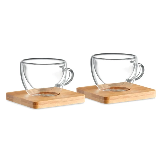 Set of 2 espresso cups | Kraft paper box | 18,5x9,5x6cm | Bamboo coaster | 90ml | transparent
