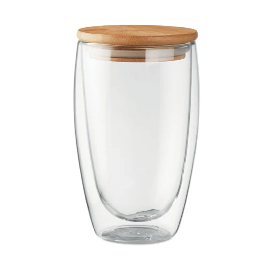 Glass tumbler | Double walled borosilicate glass | Bamboo lid | 450ml | transparent