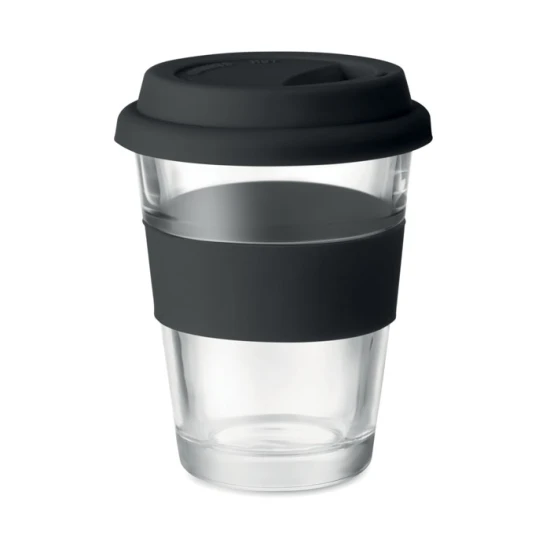 Koffie to go beker | Glas | Siliconen deksel en grip | 350 ml | zwart