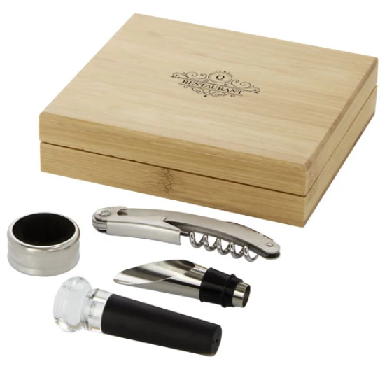 4-piece wine set | Serving corkscrew | stainless steel | bamboo wood | natural;silver