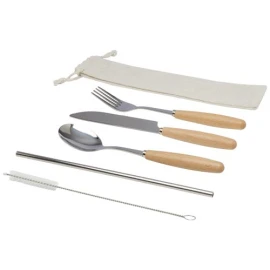 Cutlery set | Stainless steel and beech wood | 5 pieces | In a cotton pouch