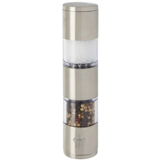 Salt and pepper mill | 2-sided grinder | Stainless steel and PS Plastic | silver