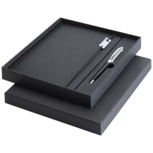 Gift set | Recycled brass & recycled leather-like plastic | A5 notebook | Rollerball pen with blue ink | Sustainable