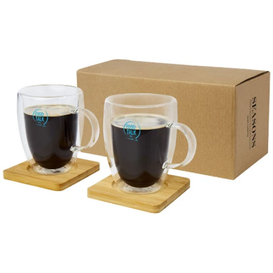 2 double-wall mugs | Glass | 350ml | Incl. bamboo coasters | transparent;natural