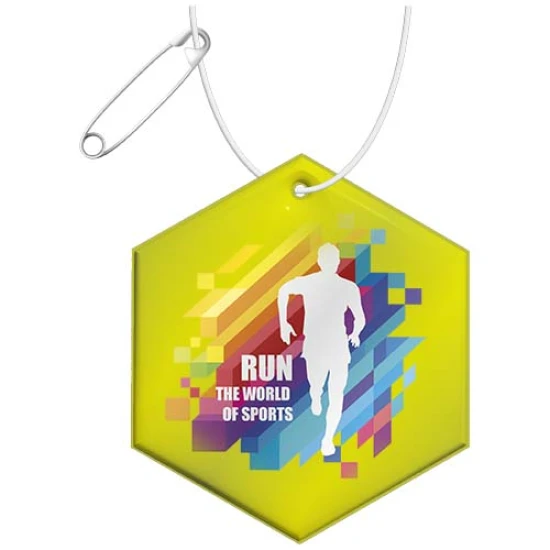 Zeshoekige hanger | PVC | Reflecterend neon | Met wit touwtje en veiligheidsspeld | neongeel