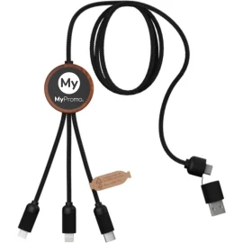 Câble de charge 5-en-1 | Bambou & rPet | Logo lumineux | Boîtier rond