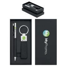 2-teiliges Geschenkset | Edelstahl und rPET | Inkl. Drehkugelschreiber und Schlüsselanhänger | Blaue Tinte