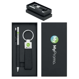 2 piece gift set | Stainless steel and rPET | Inc. twist ball pen and key ring | Blue ink