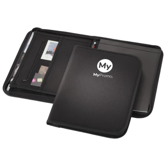 Portfolio met rits | 20 pagina's gelinieerd notitieblok | 600D van Polyester | A4 | zwart