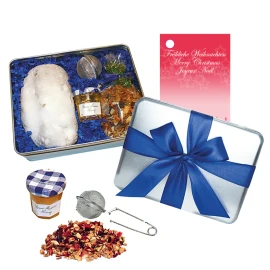 Set di stollen natalizi | Scatola di metallo | Con tè, miele e pinze | Personalizzazione su una cartolina di Natale