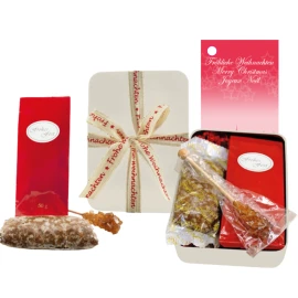 Tea gift set | Metal box | Incl. gingerbread cake and sugar candy stick | Personalisation on a Christmas card